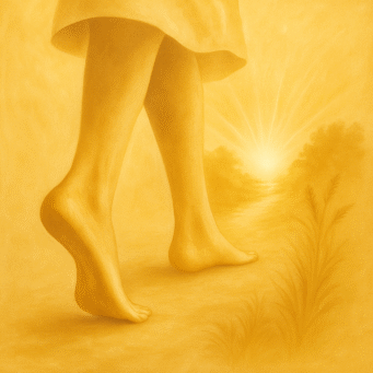 Ilustración de unos pies avanzando hacia la luz, simbolizando el primer paso hacia la dignidad.